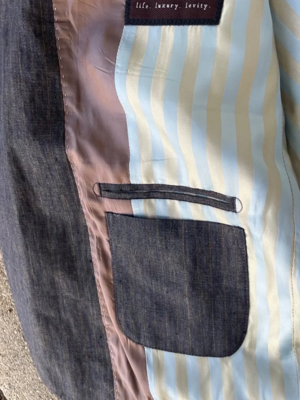 Kroon Sports Coat Blazer 100% Linen Navy Gold Striped Lining Mens 44R Summer